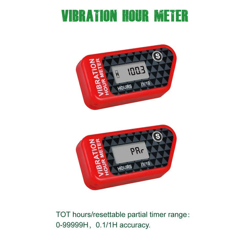 Vibration Hour Meter for Diesel and Gas Engines Waterproof IP68 with Two Sensitivity Settings Dialed In Partial Timer Tracks Total And Period Hours 0-99999 H 0.1 H Increments Resettable Maintenance Timer, red digital display