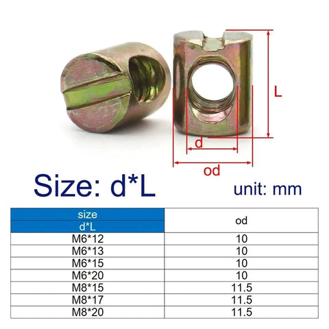 Slotted Hammer-Embedded Barrel Nuts And Dowel Bolts Set M4 To M8 with size chart and dimensions