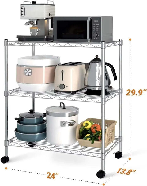 Heavy Duty 3 Tier Wire Shelving Cart With Smooth Rolling Wheels, Adjustable Chrome Steel Storage Rack for kitchen appliances, 24x13.8x29.9
