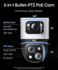 2-in-1 Bullet-PTZ PoE Cam with 4K UHD Surveillance, 360° Pan, 8x Zoom, part of the 4K NVR Security Camera System With PoE Wiring And 24 Seven Recording, S4 Max Triple Lens Bullet PTZ Cameras With 360 Degree Pan, 8x Auto Zoom, Cross Cam Tracking, Smart Video Search, Up To 16 Channels, 2TB HDD Included.