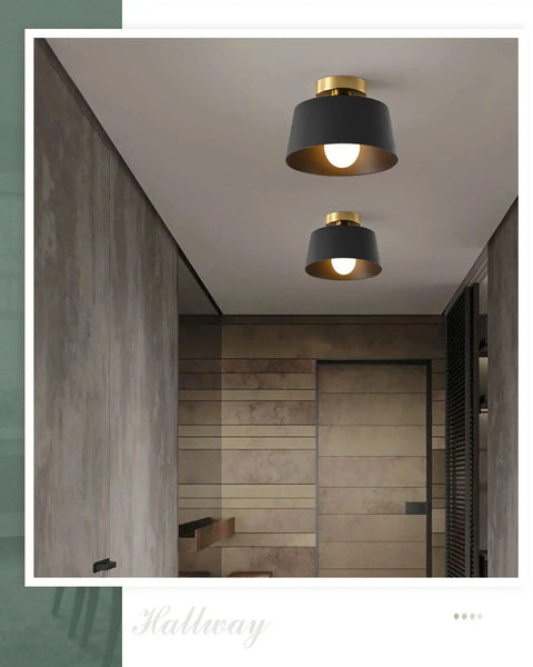 Modern Hallway Ceiling Light Fixture With Gold Plate And Matte Black Shade, Semi Flush Mount Porch Light in a hallway setting