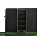 Wooden Golf Bag Organizer And Storage Cabinet For Two Bags With Drawers And Side Club Holders Keeps 12 Clubs Shoes Balls And Gear Neatly In A Modern Black Wood Cabinet For Home Garage Or Clubhouse