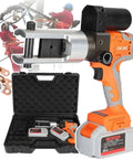 Pro Level Kick Butt Electric Hydraulic Crimping Tool With Rechargeable 18V Lithium Battery in a case, equipped for copper aluminum cable lug jobs.