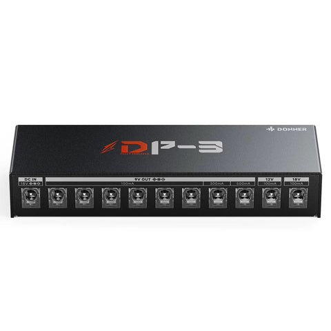 Front view of DP 3 Multi Output Guitar Pedal Power Supply With 10 Isolated DC Outputs For 9V 12V And 18V Effects Pedals