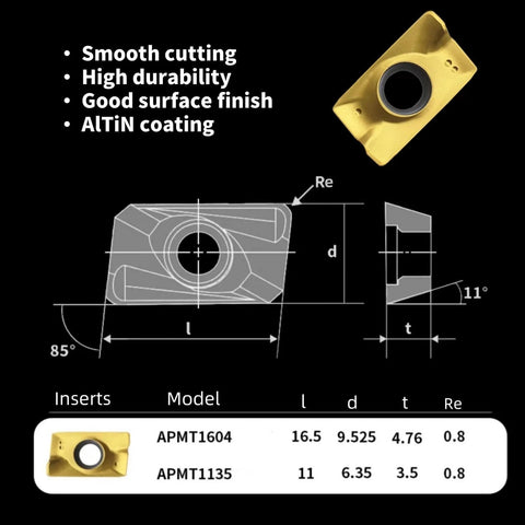 Diagram and specifications of Carbide Inserts For CNC Milling And Turning Tools APMT1604PDER 20 Piece Set Multilayer Coated.