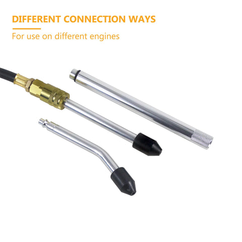 Automotive leak-down tester kit with three aluminum probes, rubber tips, and brass hose connector.