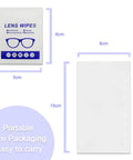 Alcohol Free Lens Wipes For Glasses And Screens Streak Free 220 Count showing packet and dimensions
