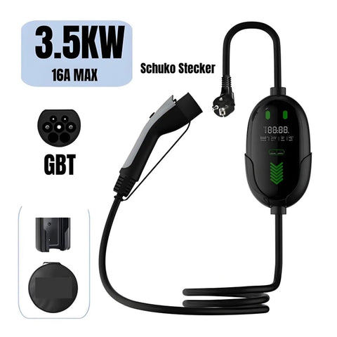 Road Trip Ready Portable EV Charger With Adjustable 32 Amp And 16 Amp Modes For Lightning Fast Home Or Garage Charges Slick Type 2 Plus J1772 Adapter Wallbox EVSE showcasing 3.5KW 16A max charger.
