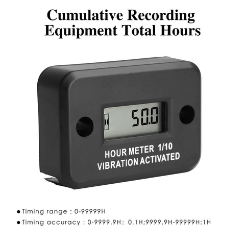 Vibration Induction Digital Hour Meter Self Powered Gauge IP68 Waterproof for Air Compressors Mini Tractors Snow Blowers No Wiring Instant Start Cumulative Run Time 0 to 99999 Hours High Precision 0.1 Hour Accuracy Black, front view