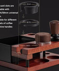 Top Shelf Solid Walnut Espresso Knockbox Station With Five Dedicated Slots For 51 54 And 58 Millimeter Portafilters showing card slots and tamper.