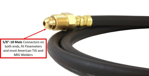 5/8 inch male connector on black hose, part of Industrial Argon Regulator And Flowmeter For MIG And TIG Weld Rigs With Five Foot Hose