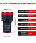 Product parameters of LED indicator light, 22mm panel mount, 24V AC/DC, 20mA, ultra bright red, industrial use
