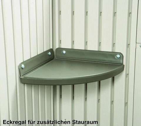 Interior shelf of Built Tough Outdoor Storage Shed 7 x 4.5 Ft With Steel Reinforced Construction, showcasing HDPE double wall.