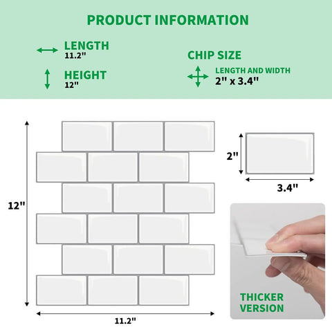 Diagram showing dimensions of Thicker Peel And Stick Backsplash Tiles Set 12x12 White With Gray Grout Subway Tile Look, 10 Sheets Self Adhesive.