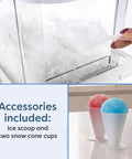 Accessories included for Retro Tabletop Shaved Ice Maker With Heavy Duty Stainless Blades And Cups, featuring ice scoop and snow cone cups.