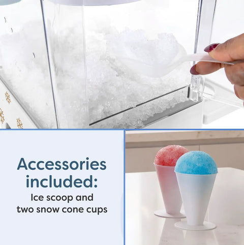 Accessories included for Retro Tabletop Shaved Ice Maker With Heavy Duty Stainless Blades And Cups, featuring ice scoop and snow cone cups.