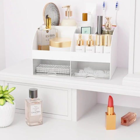 White Acrylic Makeup Organizer With Drawers For Vanity And Bathroom Counter Holds Your Glam Haul Secure Plus Multi Compartment Cosmetic Storage For Skincare And Daily Essentials with skincare and makeup displayed.