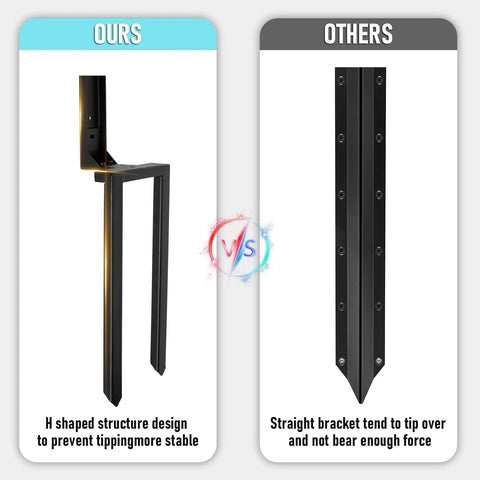 Comparison of Two Pack Heavy Duty Fence Post Repair Kit With Black Powder Coated Post Anchors For Tilted Or Broken Wood Fence Posts Universal Fit showing H-shaped stable design vs straight design.