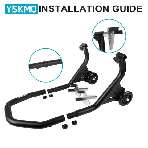 Heavy Duty Front Wheel Paddock Stand For Motorcycles, 500 Lb Capacity, Black, V Shaped Support with installation guide