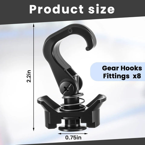 8 Pack L Track Hooks With Single Stud Fitting Spring Loaded 360 Degree Adjustable Gear Hook shown in product size diagram