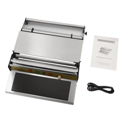 Rock Solid No Sweat Hand Cling Wrap Sealer And 18 Inch Food Packaging Machine overview with stainless steel body and user manual.