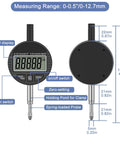 Electronic Digital Dial Indicator Gauge Pro Grade With Inch And Metric Measurement showing front and back views with labels.