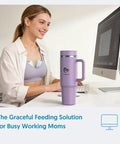 Portable Breast Milk Cooler With 24 Hour All Round Cooling And 18oz Bpa Free Container And 50oz Insulated Tumbler With Straw For On The Go Nursing Moms Keeping Fresh Stash Ice Cold On The Road, shown in use by a smiling mother at a desk.
