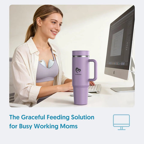 Portable Breast Milk Cooler With 24 Hour All Round Cooling And 18oz Bpa Free Container And 50oz Insulated Tumbler With Straw For On The Go Nursing Moms Keeping Fresh Stash Ice Cold On The Road, shown in use by a smiling mother at a desk.