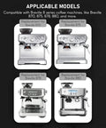 Bottomless 54mm Portafilter for Espresso Buffs compatible with Breville 870 875 878 880 models, showing four applicable machines