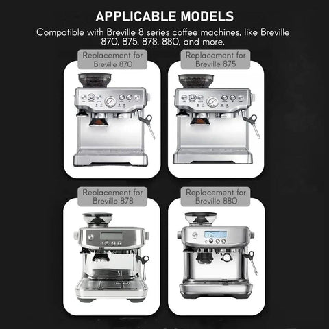 Bottomless 54mm Portafilter for Espresso Buffs compatible with Breville 870 875 878 880 models, showing four applicable machines