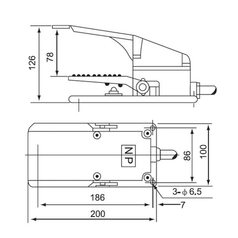Technical drawing of Emergency Stop Switch CFS-302 Self Reset Aluminum Pedal Foot Switch with dimensions and side view.