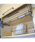 Vertical Lift Pneumatic Cabinet Hinge With Silent Auto Slide in open kitchen cabinet storing plates
