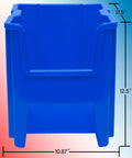 Open Front Stackable Storage Bins For Garage And Home Organization, Heavy Duty Plastic Organizer Set In Blue 4 Pack, Ideal For Tools, Clothes, Cleaning Supplies, On Shelves Or Floor, About 17 X 11 X 12 And A Half Inches, showing a blue heavy-duty bin with dimensions marked