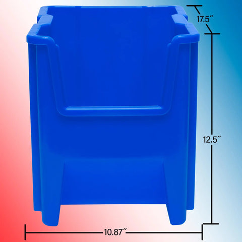 Open Front Stackable Storage Bins For Garage And Home Organization, Heavy Duty Plastic Organizer Set In Blue 4 Pack, Ideal For Tools, Clothes, Cleaning Supplies, On Shelves Or Floor, About 17 X 11 X 12 And A Half Inches, showing a blue heavy-duty bin with dimensions marked