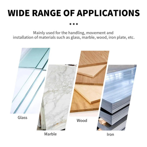 Heavy Duty Full Electric Vacuum Lifter For Smooth Glass And Stone Panel Handling Oversized Construction Sites No Sweat Precision Control Rock Solid Industrial Steel Grip, showcasing applications on glass, marble, wood, and iron.
