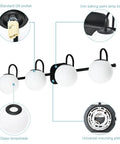 Diagram of Black Mid Century Vanity Lights With Milk White Glass Globes, 4 Light Wall Sconce Bar For Over Mirror