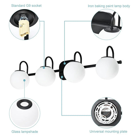 Diagram of Black Mid Century Vanity Lights With Milk White Glass Globes, 4 Light Wall Sconce Bar For Over Mirror