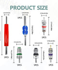 Image showing product sizes of 102 Piece Auto AC Valve Core Kit With Aluminum And Brass Cores For R12 R134a Leaks And Tire Valve Stem Repair