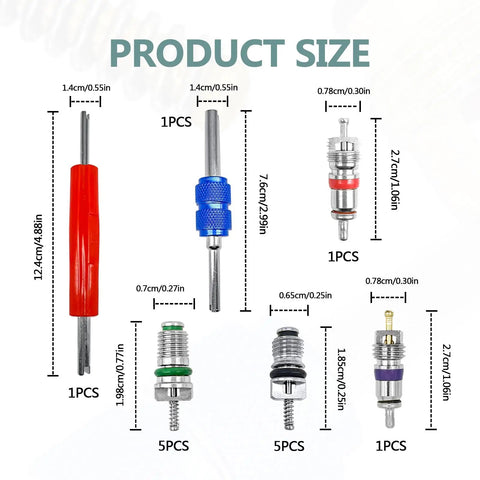 Image showing product sizes of 102 Piece Auto AC Valve Core Kit With Aluminum And Brass Cores For R12 R134a Leaks And Tire Valve Stem Repair