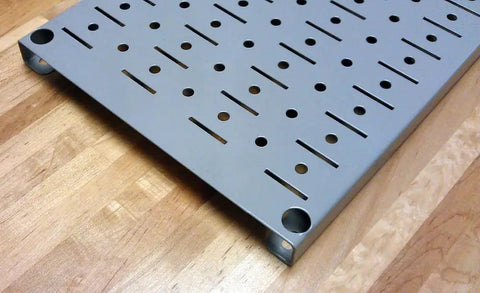 Narrow Pegboard Rack 8 Inch By 32 Inch Black Metal Pegboard Runner for garage setup and shop organization, heavy-duty wall mount view.