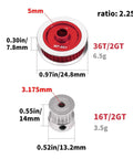 Diagram of 36T aluminum pulley and 16T gear for Race-Grade TT02 Belt Drive RC Car Transmission, measurements included.
