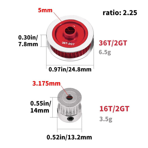 Diagram of 36T aluminum pulley and 16T gear for Race-Grade TT02 Belt Drive RC Car Transmission, measurements included.