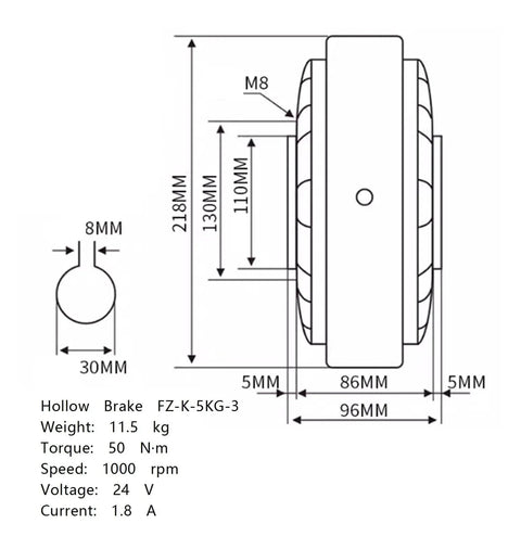 Technical drawing of Magnetic Powder Brake With 5KG Torque (50NM) For Precise No-Backlash Control featuring dimensions and specifications.