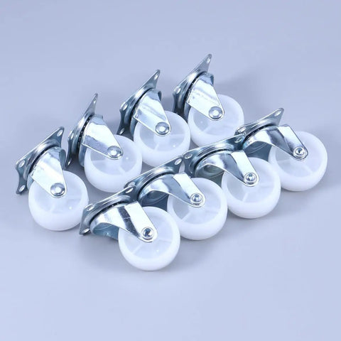8 Pcs Inch Swivel PP Caster for Furniture, Silver Universal Wheel with white wheels and metal brackets, angled view.