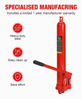 Red 8 Ton Hydraulic Long Ram Jack With Dual Piston Pump, Clevis Base, shown with Heavy Duty Engine Hoist Cylinder features