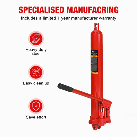 Red 8 Ton Hydraulic Long Ram Jack With Dual Piston Pump, Clevis Base, shown with Heavy Duty Engine Hoist Cylinder features