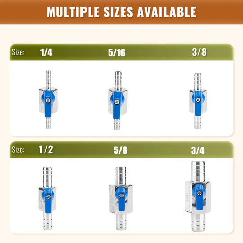 Multiple sizes of stainless steel hose barb ball valves with blue handles for industrial use.