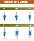 Image of six different sized mini ball valves with hose barbs, showcasing various sizes available in the kit.
