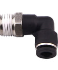 Ten Pack Push To Connect Air Fittings 90 Degree Pneumatic Tube Elbow One Quarter Inch Tube OD To One Quarter Inch NPT Thread Quick Connect For Easy Snap On Air Lines Durable Plastic And Stainless Steel With 360 Degree Rotation, black 90° elbow fitting