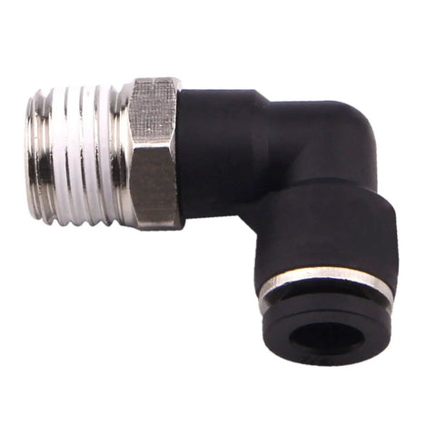 Ten Pack Push To Connect Air Fittings 90 Degree Pneumatic Tube Elbow One Quarter Inch Tube OD To One Quarter Inch NPT Thread Quick Connect For Easy Snap On Air Lines Durable Plastic And Stainless Steel With 360 Degree Rotation, black 90° elbow fitting